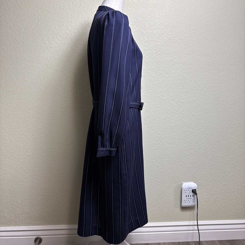 Vintage Schrader Sport Petite Dress 10 Pinstripe Midi Belted 80s Academic - Picture 2 of 6